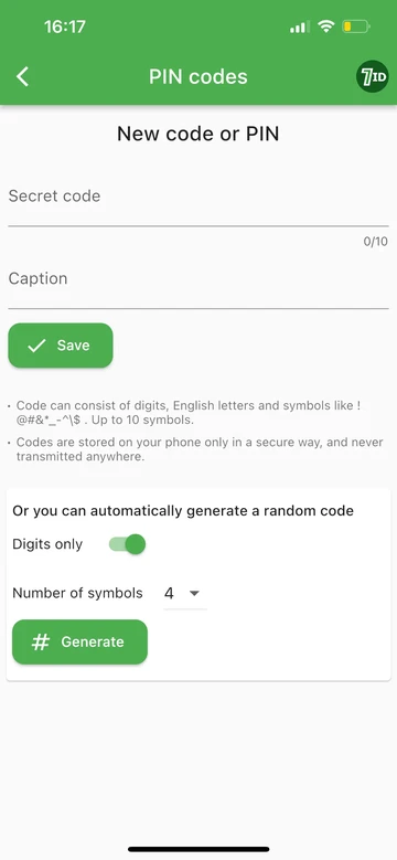 7आईडी: एक पिन या एक कोड जनरेट करें