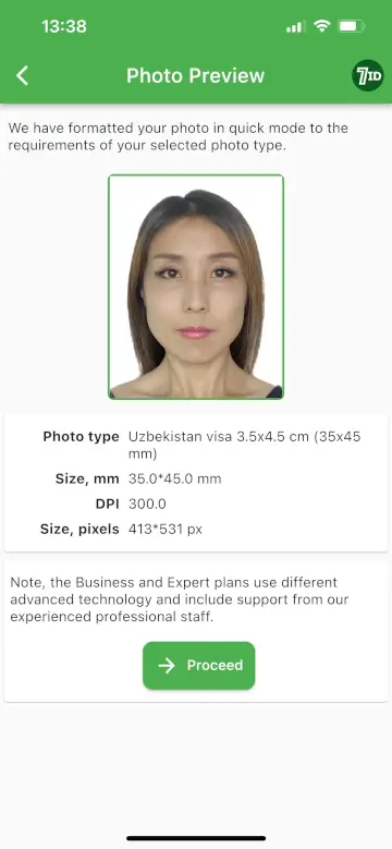 7ID App: Uzbekistan Visa Photo Example