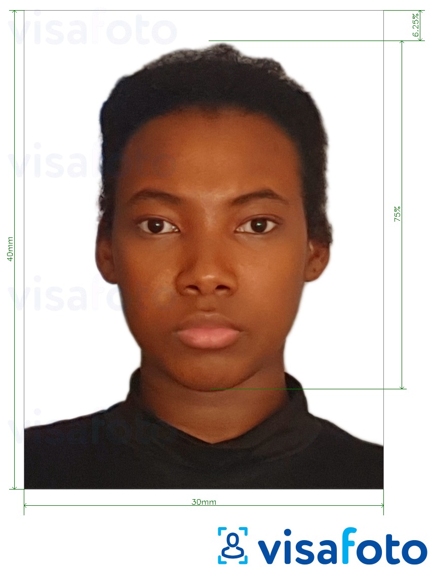 Tam ölçülü dəqiqləşdirmə ilə Botsvana pasportu 3x4 sm (30x40 mm) üçün şəkil nümunəsi