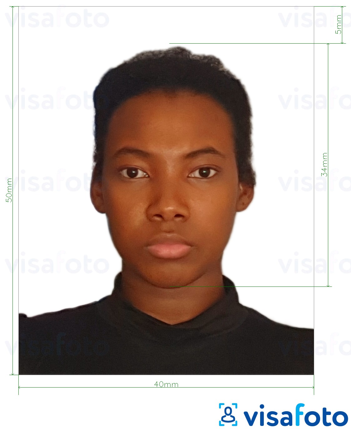 Tam ölçülü dəqiqləşdirmə ilə Kamerun pasportu 4x5 sm (40x50 mm) üçün şəkil nümunəsi