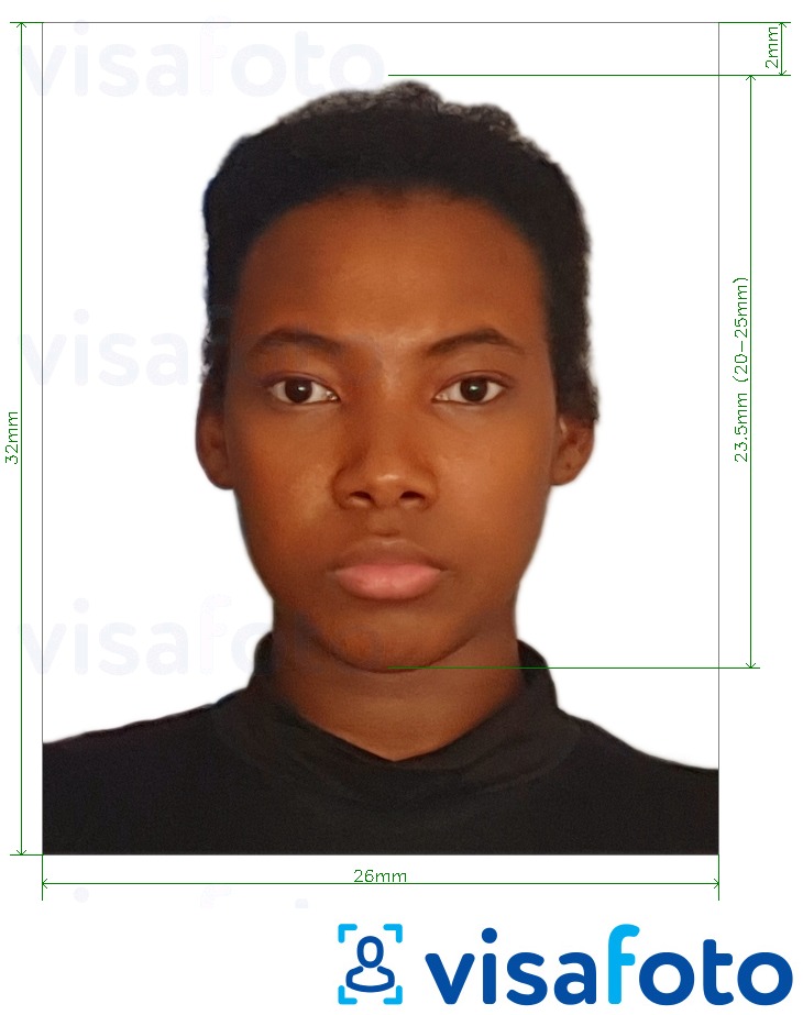 Tam ölçülü dəqiqləşdirmə ilə Guyana pasportu 32x26 mm (1.26x1.02 inç) üçün şəkil nümunəsi