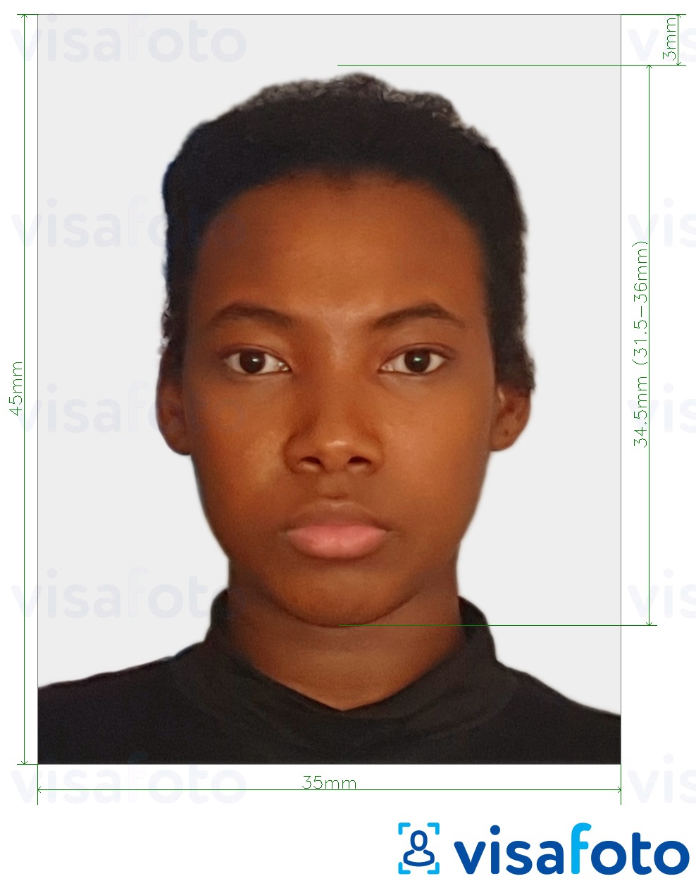 Tam ölçülü dəqiqləşdirmə ilə Sent-Kits və Nevis pasportu fotosu 35x45 mm (1.77x1.38 inç) üçün şəkil nümunəsi